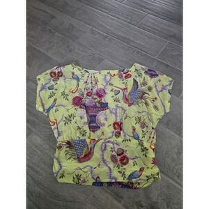 Maeve Anthropologie Yellow Green Tropical Bird Floral Blouse Size 6 Silk